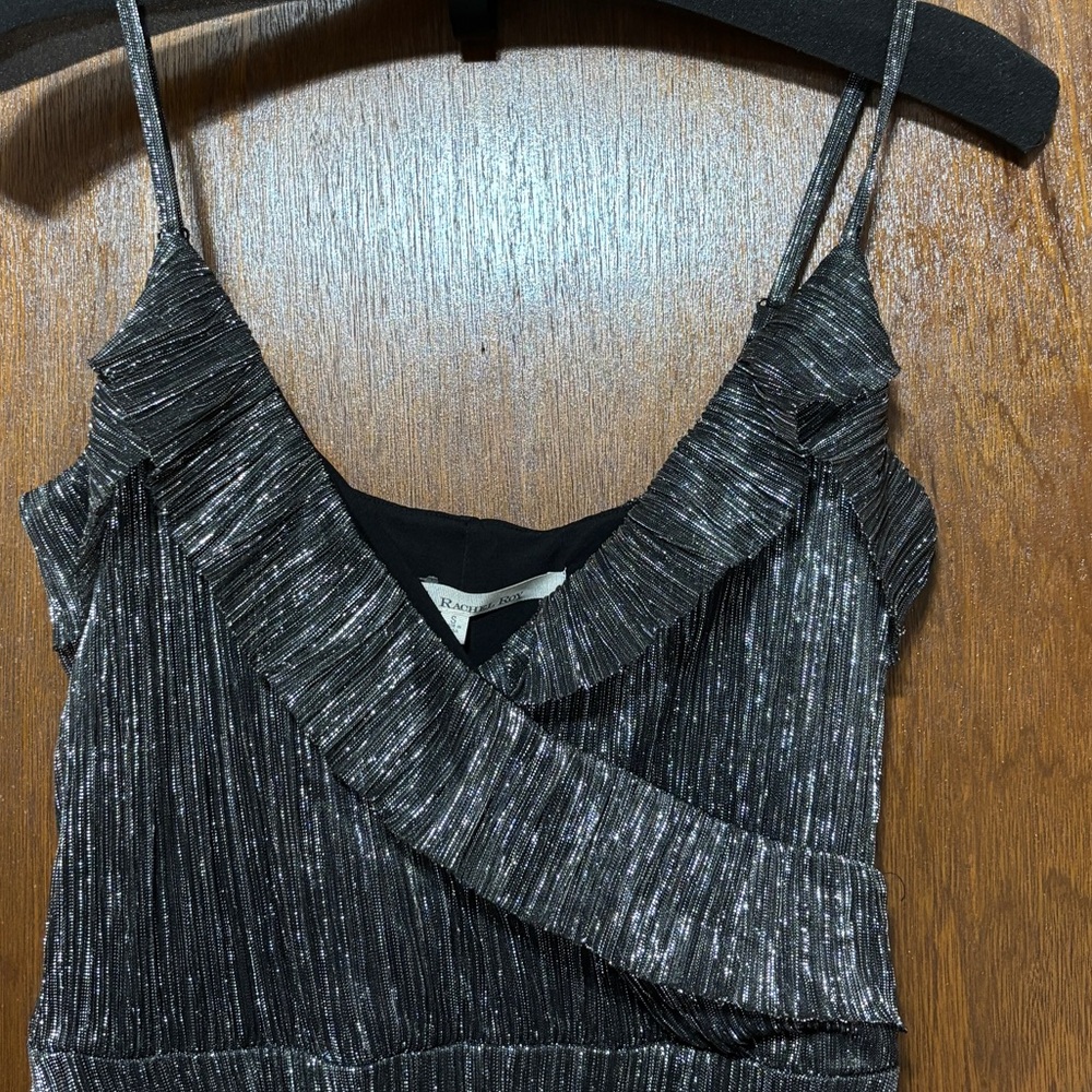 Metallic Black Ruffle Neckline Spaghetti strap Party Dress
